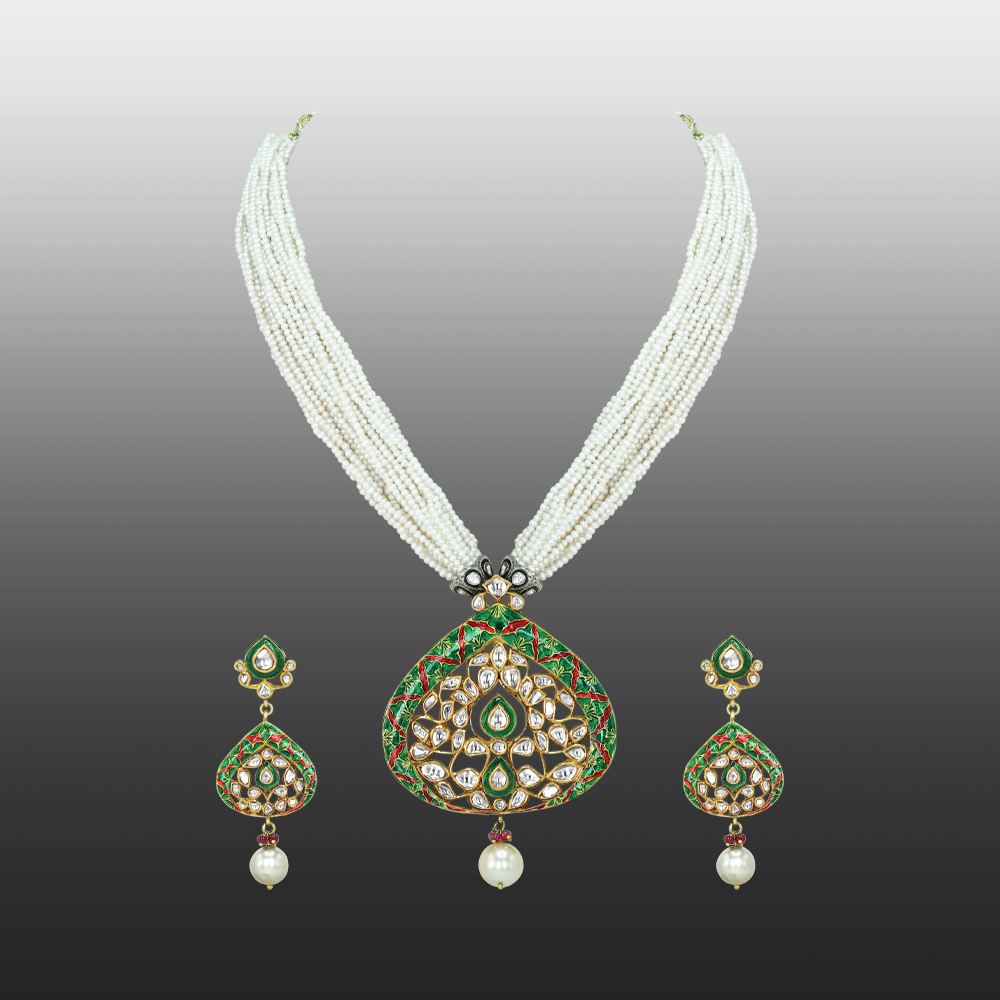 Polki Necklace Set with Green Enamel, Pearl Strands, and Drops